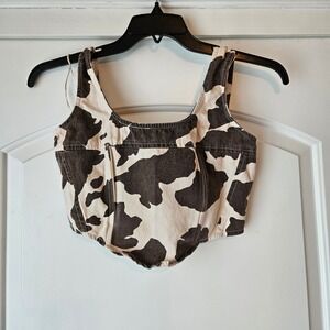 Lone Star Cow Print Bustier Top Size Medium Smocked Western Festival Brown Y2K